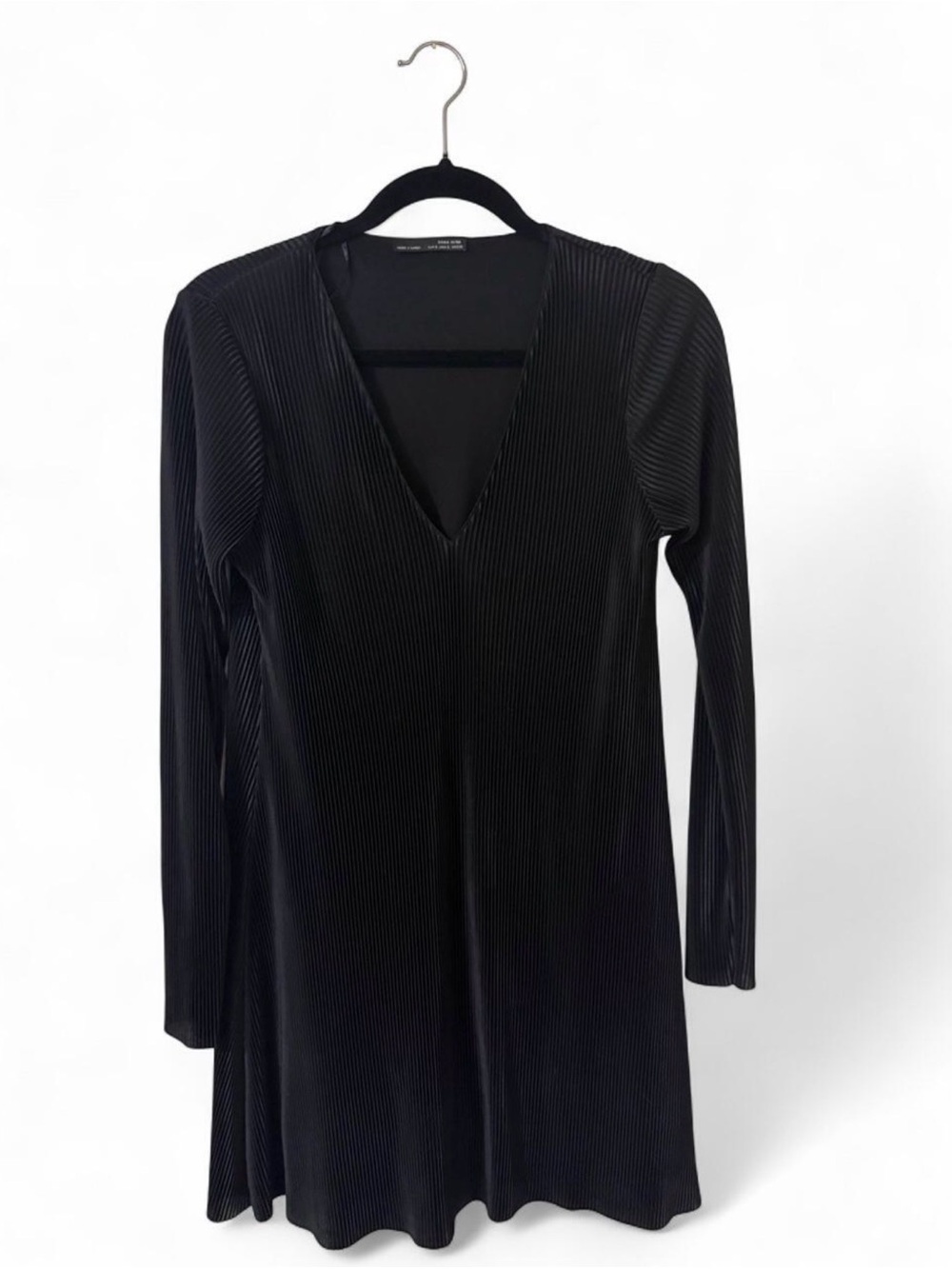 Zara Black Pleated Long Sleeve Dress | Flowy Midi | Size L